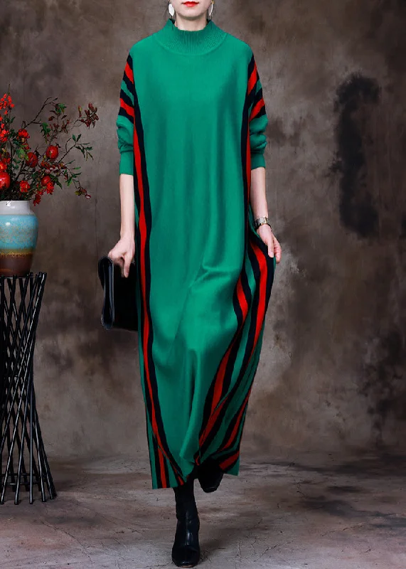 Green Turtleneck Striped Patchwork Knit Long Sweater Dress Long Sleeve