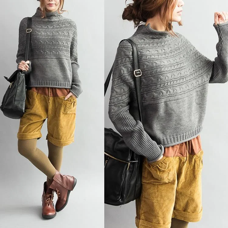 Gray cable knit sweaters woolen long sleeve crop sweaters turtle neck knitwear