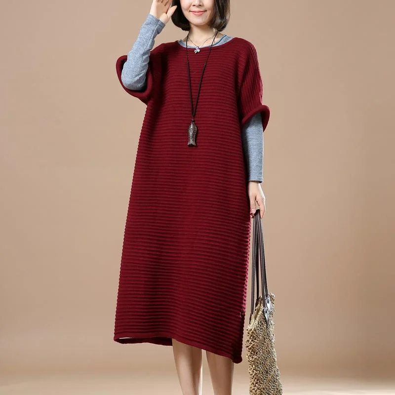 Burgundy half sleeve sweaters knit dresses