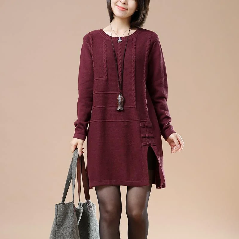 Burgundy new sweaters open hem cable knit dresses winter