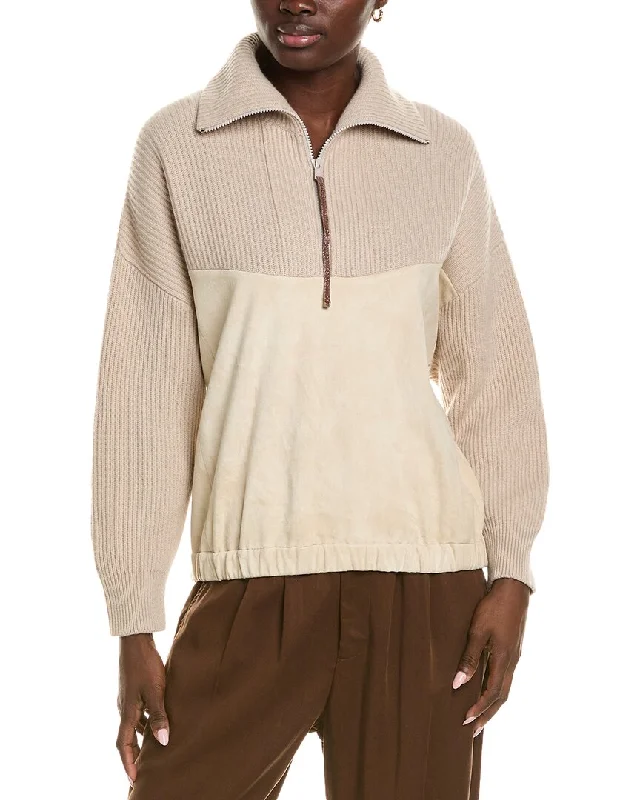 Brunello Cucinelli Leather & Cashmere-Blend Pullover