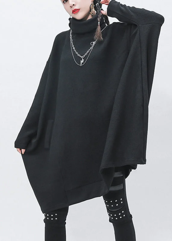 Elegant Black Turtleneck Patchwork Knit Sweaters Long Sleeve