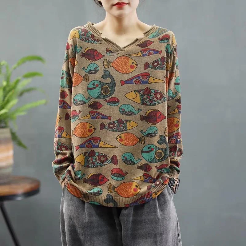 Cozy Retro Fish Print Knit Sweater Top