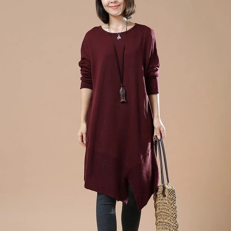 Burgundy plus size sweaters asymmetrical design