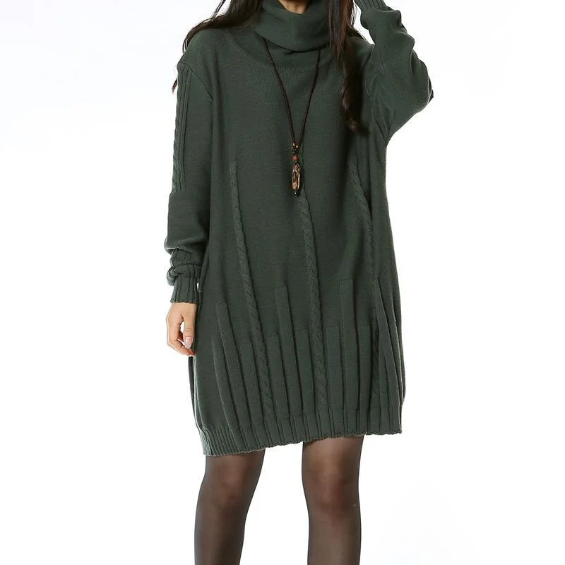 Blackish green sweater dresses turtle neck Plus size