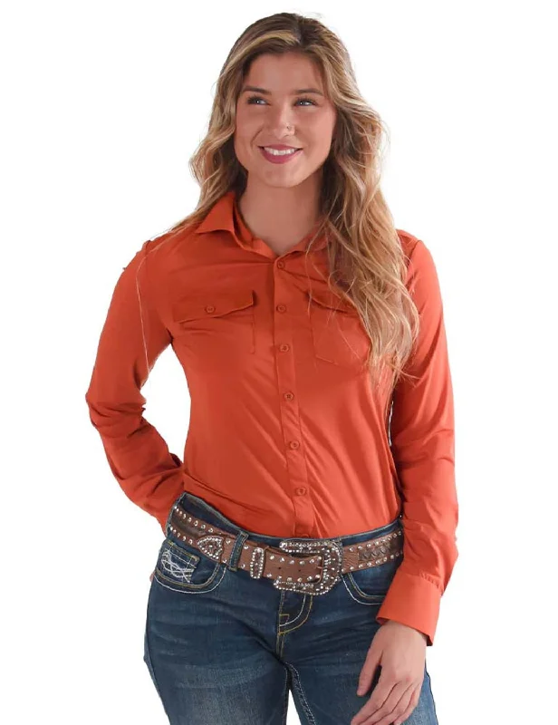 Simple Style Cowgirl Tuff Womens Cooling Pullover Button Up Rust Nylon L/S Shirt