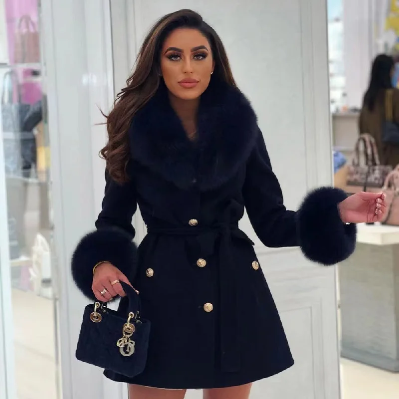 Diamond Series Women's Winter Cashmere Wool Natural Fox Fur Collar Cuffs Belt Slim Jacket