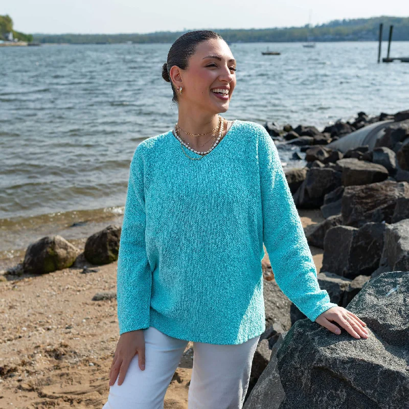 Noble Temperament Avalin V-Neck Scramble Stitch Sweater - Turquoise
