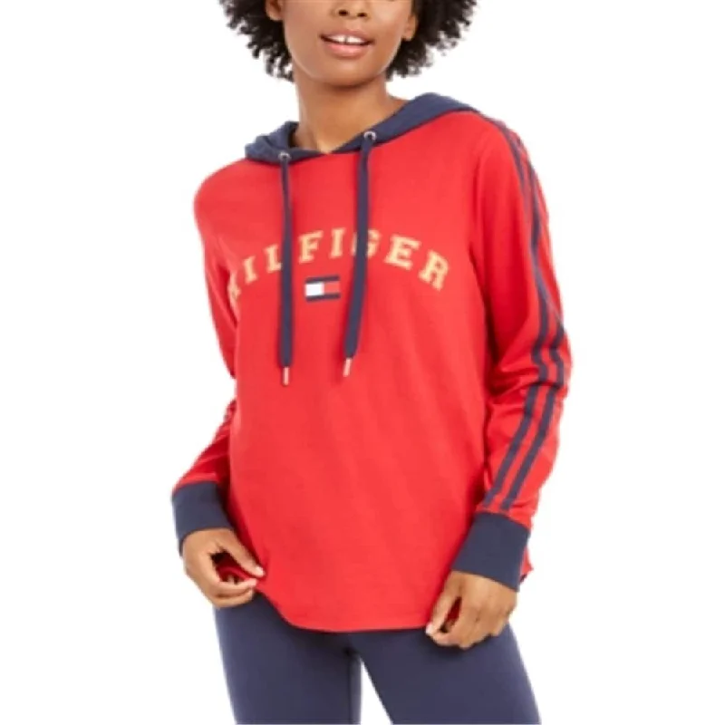 Tommy Hilfiger Women's Sport Striped Sleeve Logo Hoodie Red Size X-Large - XL