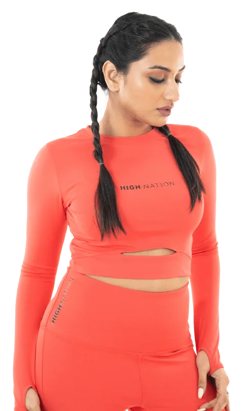 Hot Coral Orange Thumbhole Crop Top