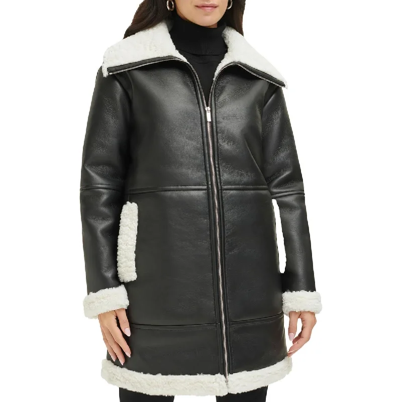 Calvin Klein Womens Faux Leather Faux Fur Motorcycle Jacket