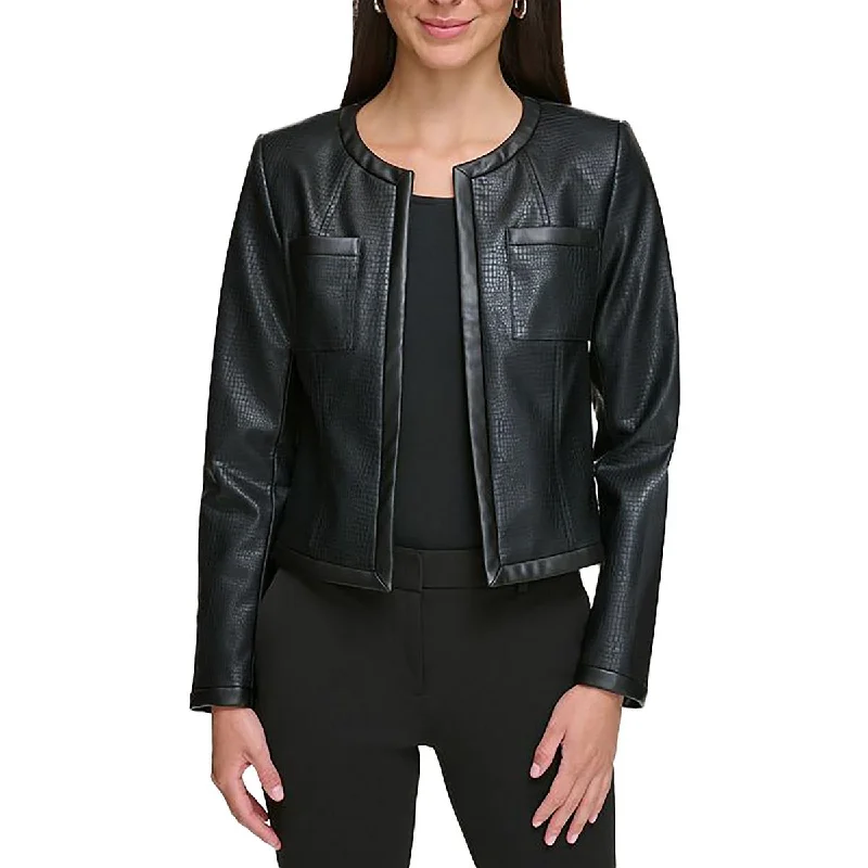 DKNY Womens Faux Leather Embossed Leather Jacket