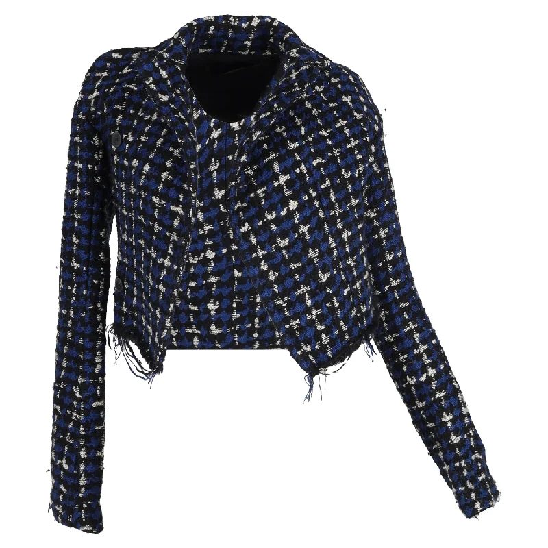 Haider Ackermann Patterned Frayed Hem Accent Cropped Blazer in Blue Tweed