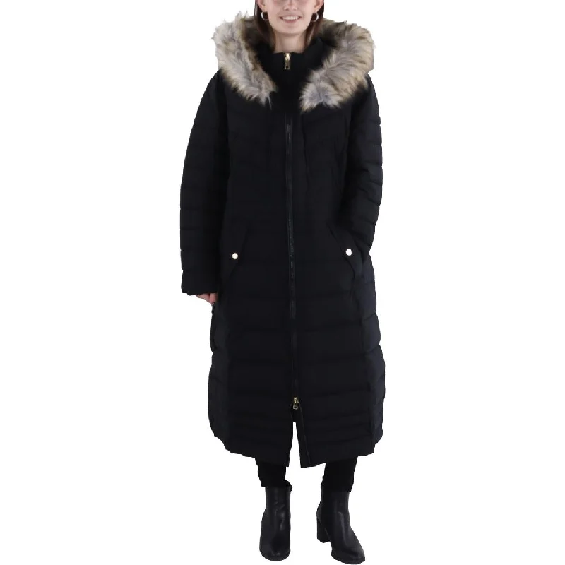 Laundry by Shelli Segal Womens Plus Faux Fur Trim Hooded Long Coat