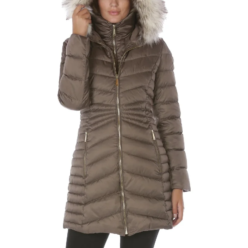 Laundry by Shelli Segal Women's Quilted 3/4 Bib Puffer Coat with Faux Fur Trim