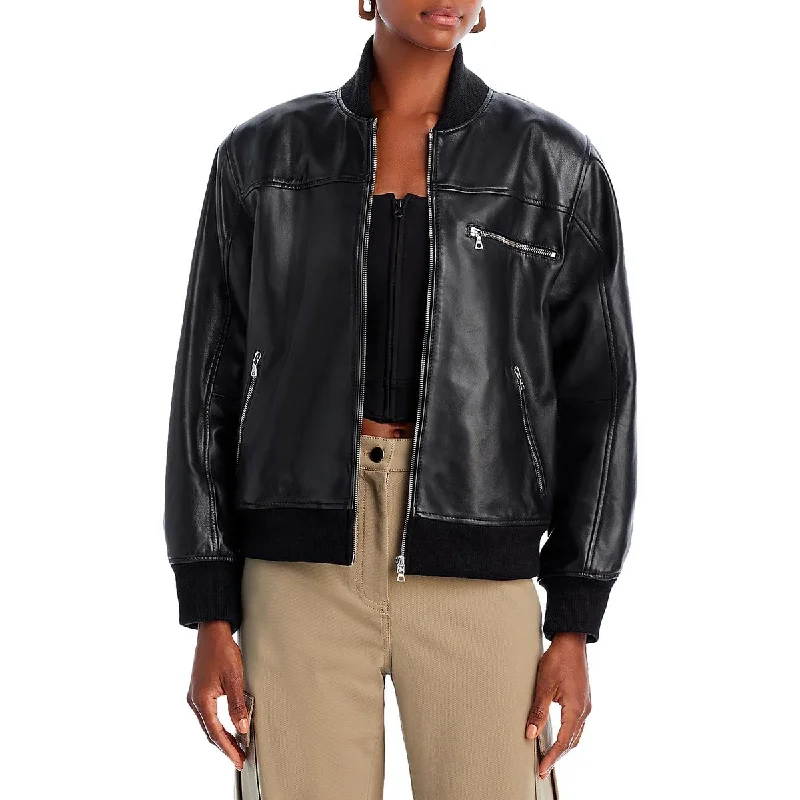 Sea New York Womens Lamb Leather Ribbed Trim Leather Jacket