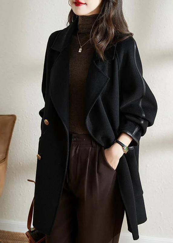 Women Black Double Breast Patchwork Woolen Coat Outwear Fall