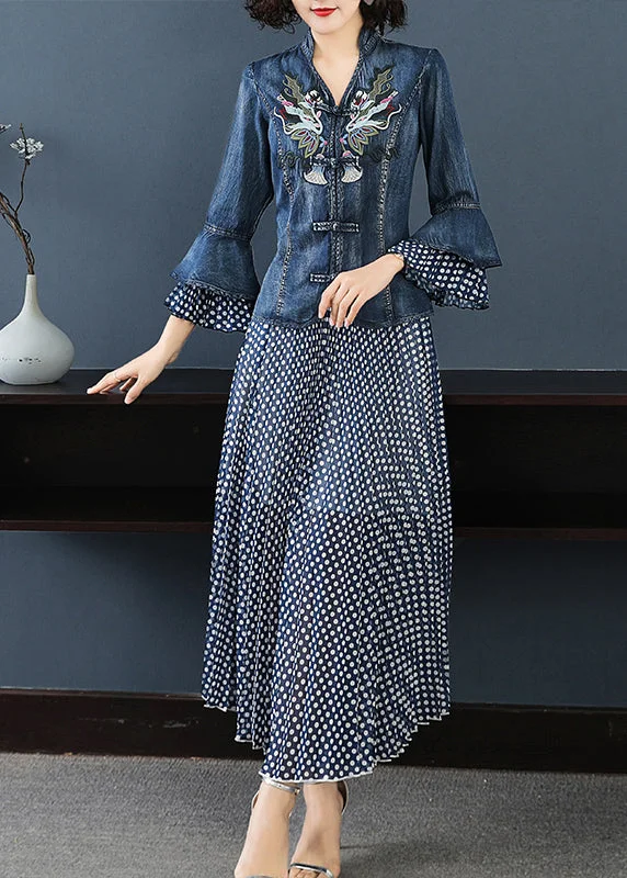 Women Blue Stand Collar Embroideried Patchwork Cotton Denim Coats Dot print Chiffon skirt Two Pieces Set flare sleeve