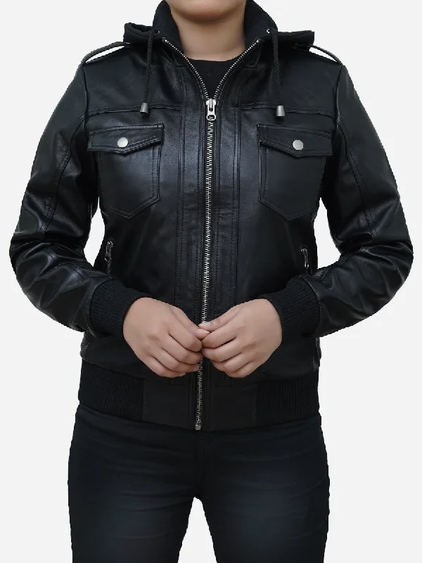 Women's Black Real Lambskin Leather Hooded Jacket