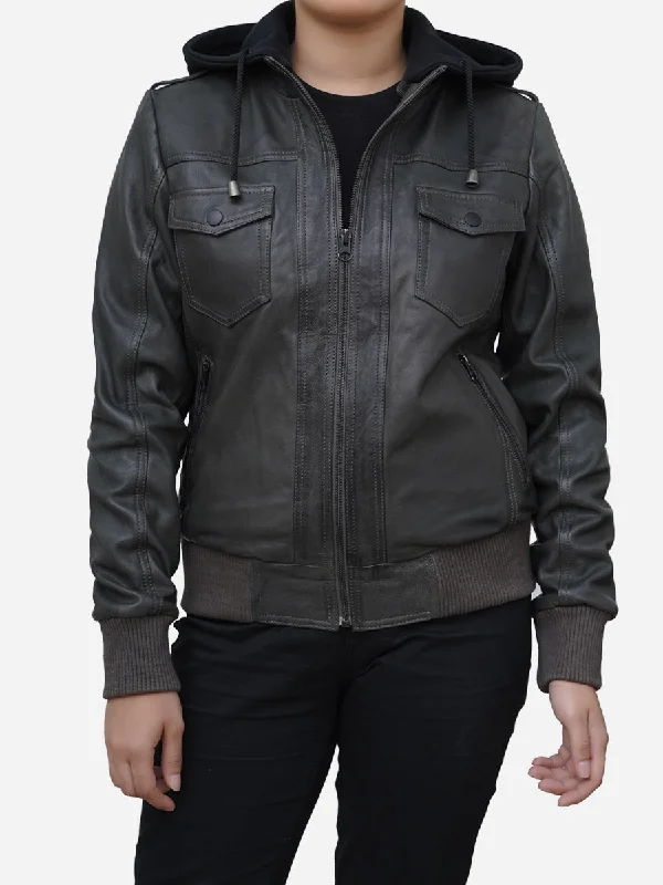 Women's Grey Real Lambskin Leather Hoodie Jacket