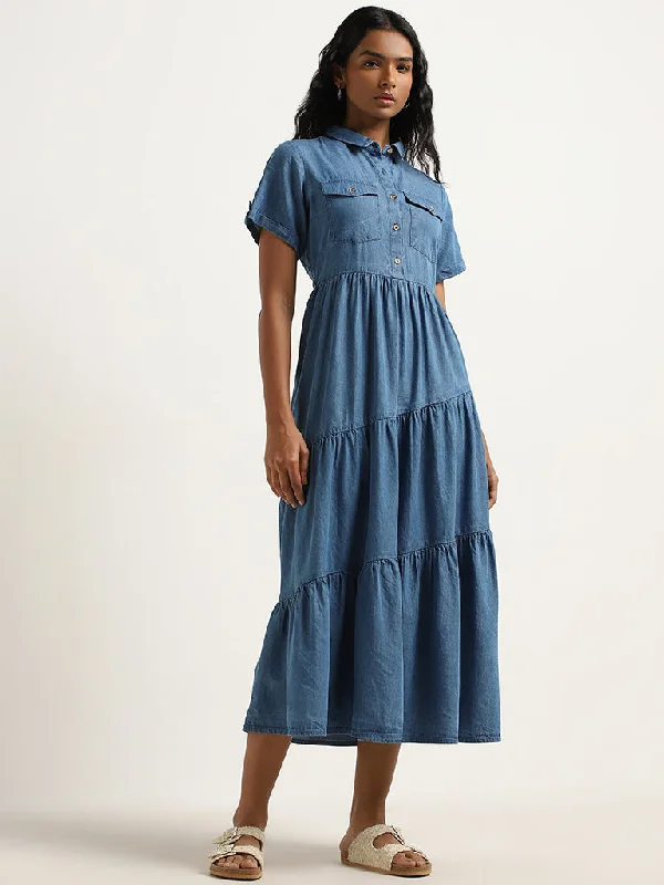 LOV Dark Blue Asymmetrical Tiered Shirt Dress