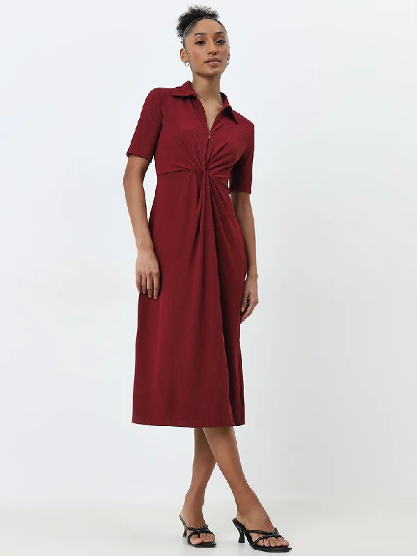 Wardrobe Burgundy Ribbed A-Line Dress