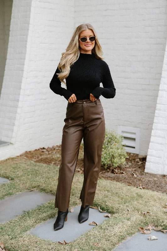 Monica Wide Leg Leather Pants-Brown