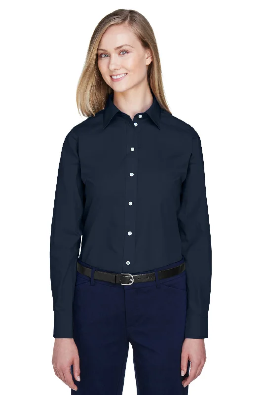 Devon & Jones Womens Crown Woven Collection Wrinkle Resistant Long Sleeve Button Down Shirt - Navy Blue