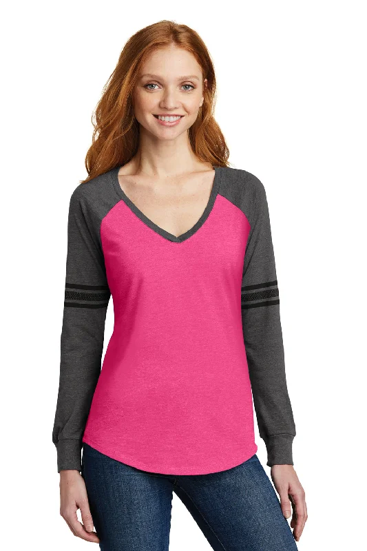 District Womens Game Long Sleeve V-Neck T-Shirt - Heather Dark Fuchsia Pink/Heather Charcoal Grey/Black - Closeout