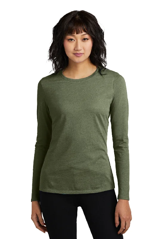 District Womens Perfect Blend CVC Long Sleeve Crewneck T-Shirt - Heather Olive Green - New