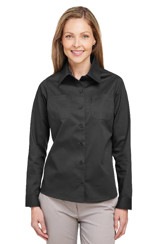 Harriton Womens Advantage Wrinkle Resistant Long Sleeve Button Down Shirt w/ Double Pockets - Dark Charcoal Grey