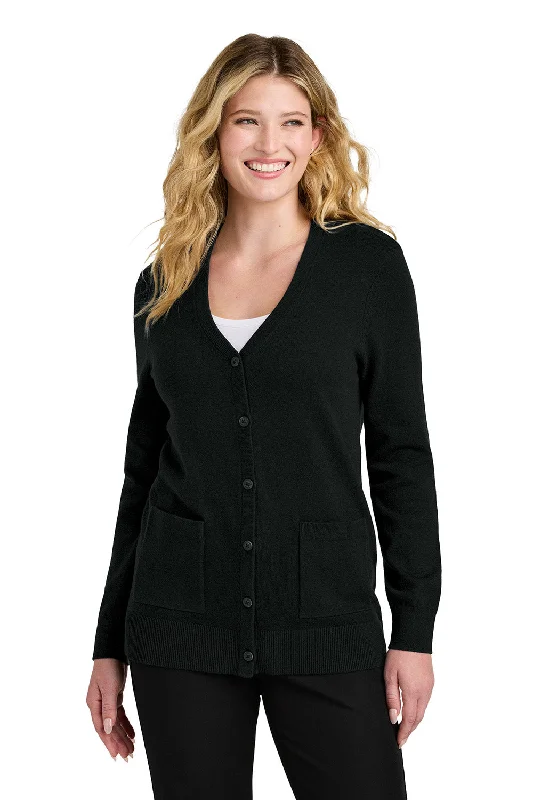 Port Authority Womens Easy Care Button Front Long Sleeve Cardigan Sweater w/ Pockets - Deep Black - New