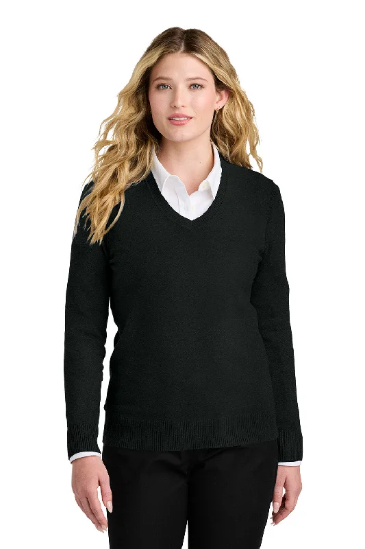 Port Authority Womens Easy Care Long Sleeve V-Neck Sweater - Deep Black - New