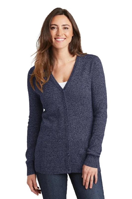 Port Authority Womens Long Sleeve Cardigan Sweater - Navy Blue Marl