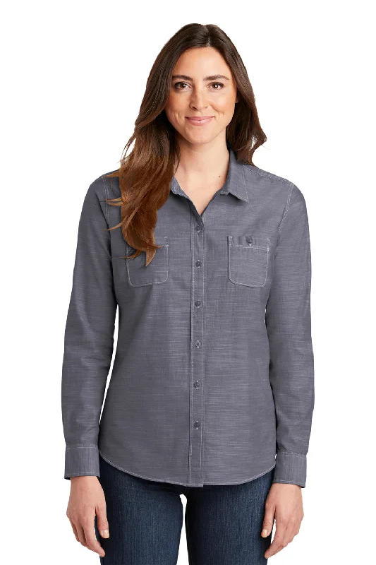 Port Authority Womens Slub Chambray Long Sleeve Button Down Shirt w/ Double Pockets - True Navy Blue