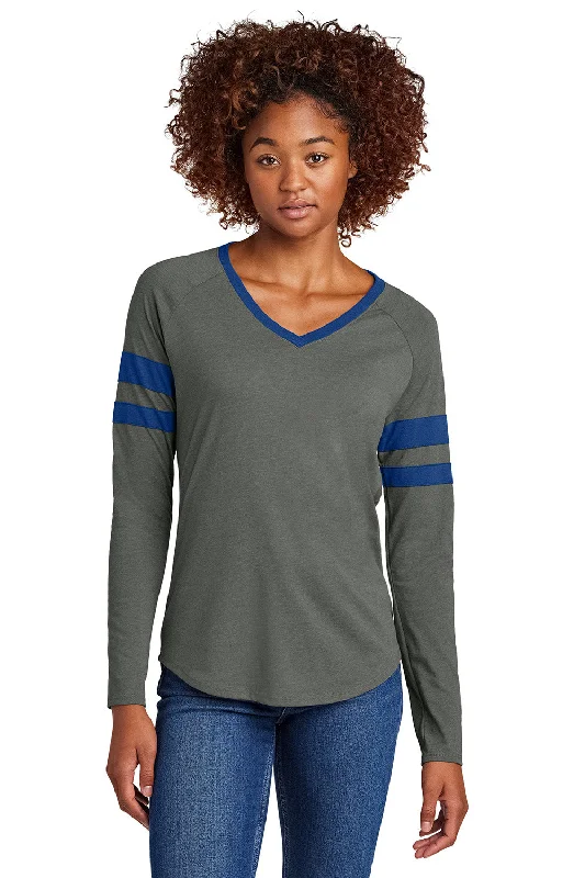 Sport-Tek Womens Halftime Stripe Long Sleeve V-Neck T-Shirt - True Royal Blue/Heather Vintage Grey - New