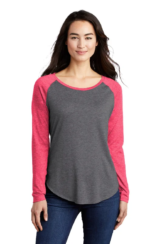 Sport-Tek Womens Moisture Wicking Long Sleeve Scoop Neck T-Shirt - Heather Dark Grey/Heather Raspberry Pink