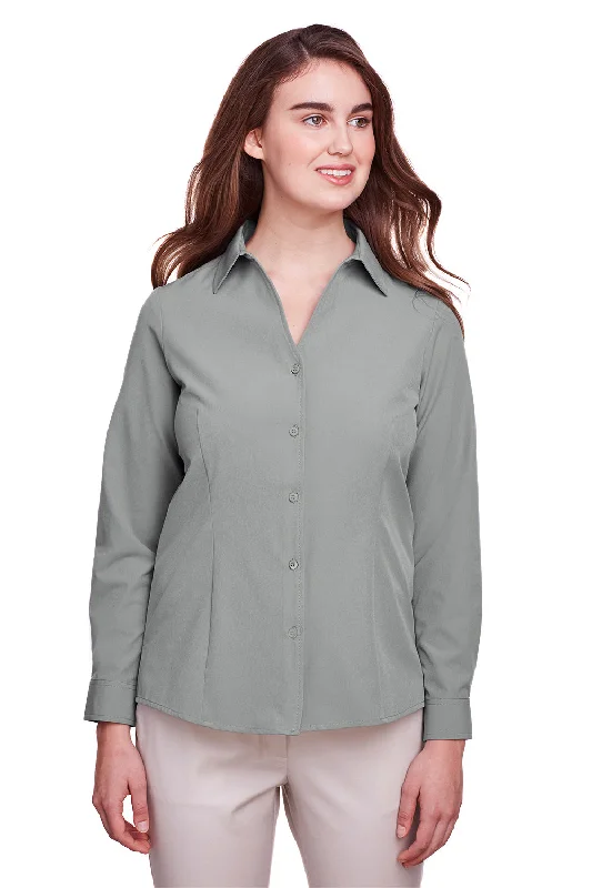 UltraClub Womens Bradley Performance Moisture Wicking Long Sleeve Button Down Shirt - Silver Grey